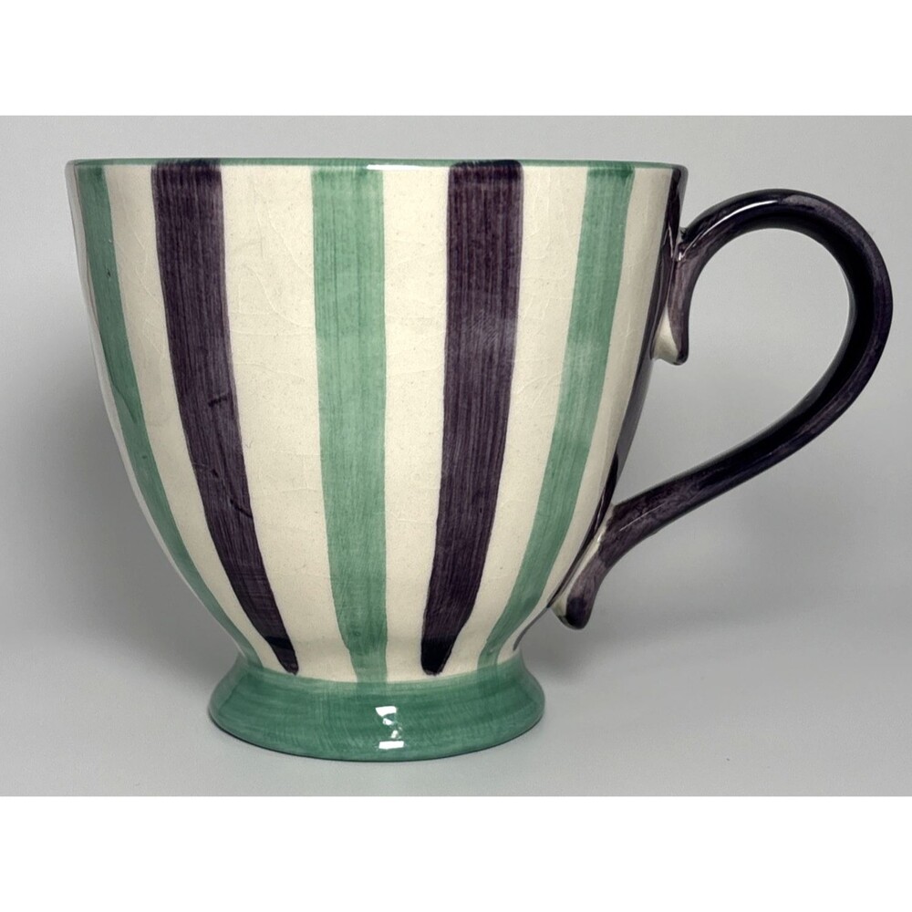 Pier 1 Coffee Mug Green & Purple Striped Hand Painted Stoneware Footed 16 oz GUC